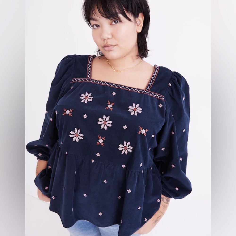 NWT Madewell Navy Blue Embroidered Plus Corduroy Button-Back Peplum Top 2X